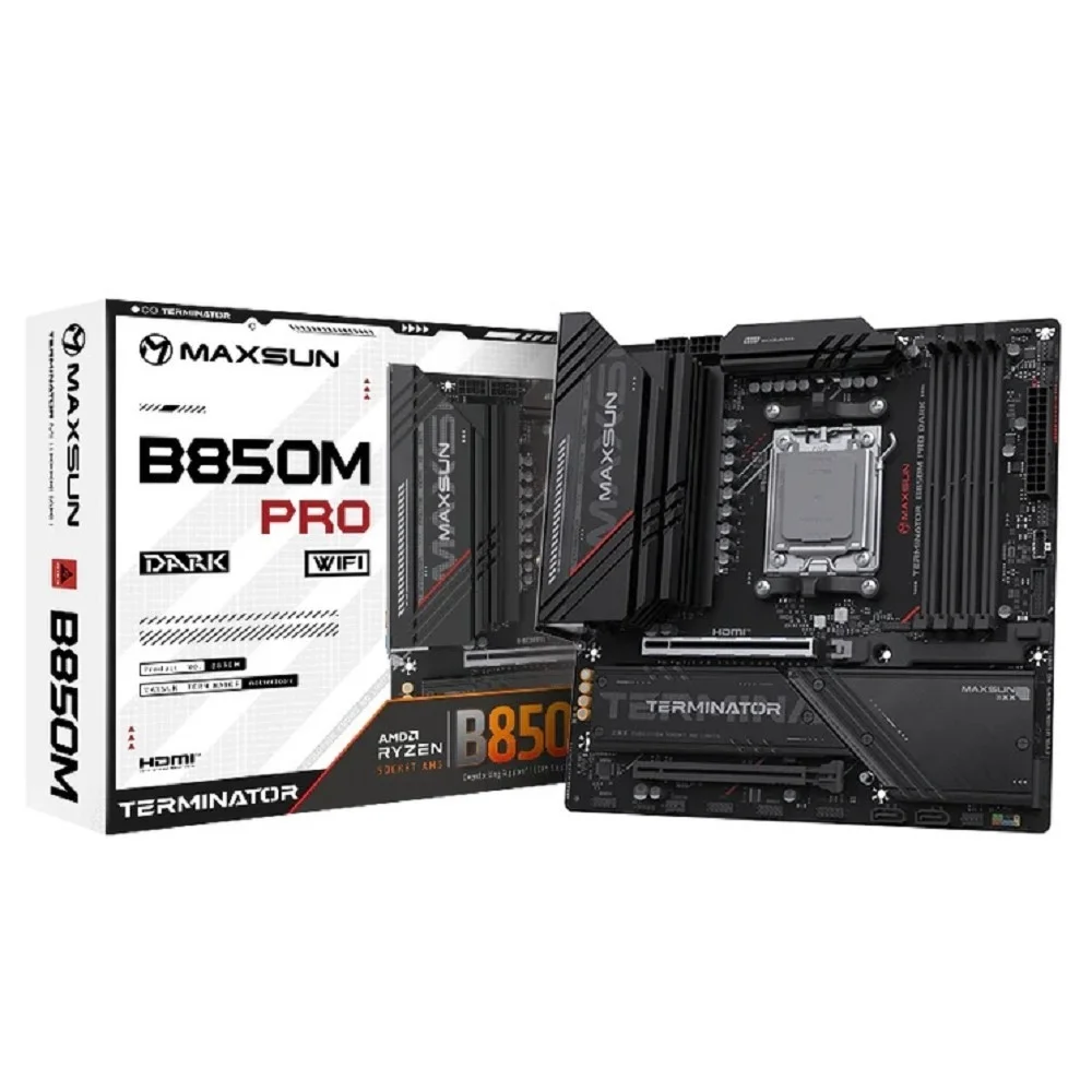MAXSUN MS-Terminator B850M PRO DARK WIFI (Socket AM5, mATX, 4*DDR5(192Gb), DP/HDMI, 2*SATA3, 3*M.2, 1*PCIEx16/1*PCIEx4, 1* Type-C, 4*USB 2.0, 4*USB 3.2, LAN 1*2.5G, SPDIF, WiFi 6E, RTL)