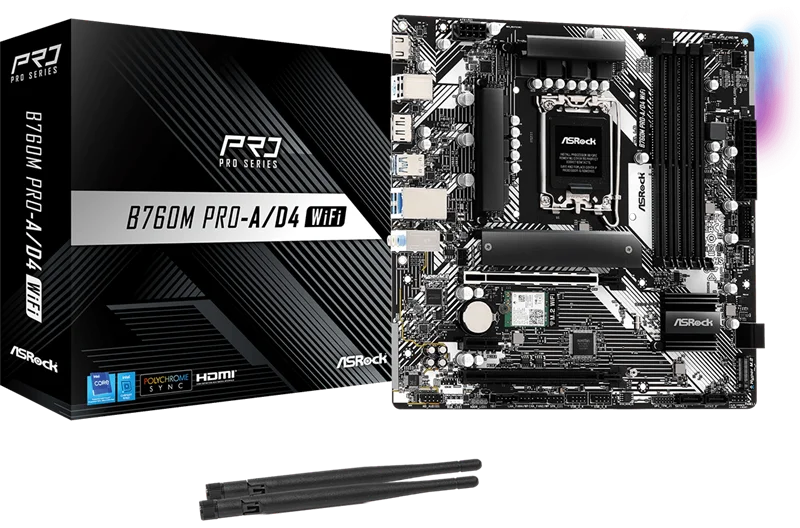 Материнская плата ASROCK B760M PRO-A/D4 WIFI, LGA1700, B760, 4*DDR4, 4*SATA, 2*M.2, 3*USB 3.2, 2*USB 2.0, Type-C, 2*PCIx16, 1*PCIx1, 1*M.2 (Key E), HDMI+DP, mATX