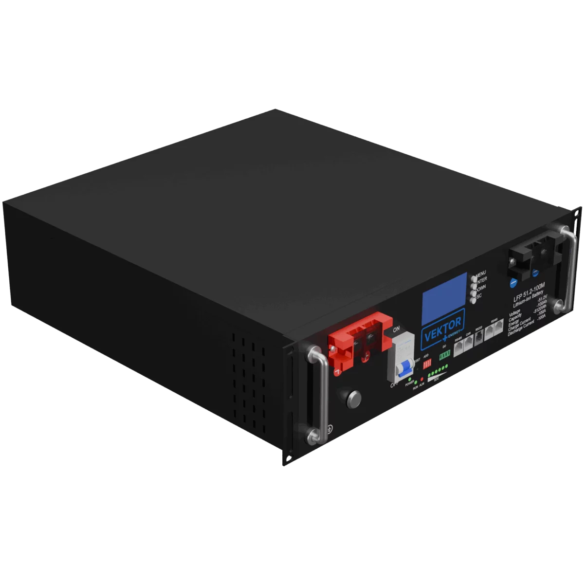 Батарея Vektor Energy серия LFP, LFP 51.2-100M, напряжение 51.2В, емкость 100 Ач, макс. ток разряда 100А, макс. ток заряда 100 А, литий-ионная аккуумуляторная батарея, клеммы М8, ДxШxВ 482*480*133 мм.