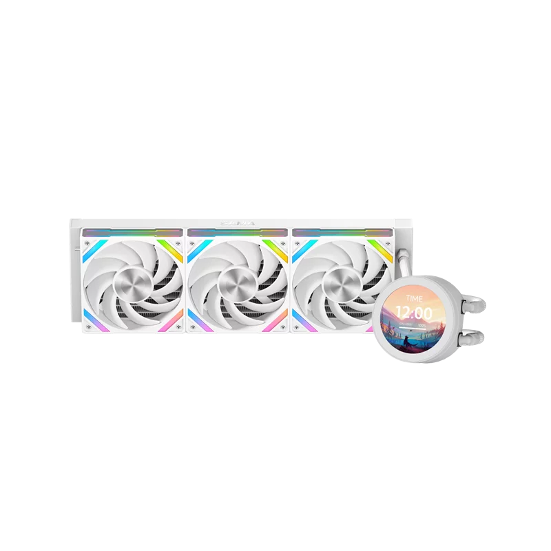 Водяное охлаждение для процессора/ Water Cooling System SAMA Q70 White (360mm, LED temp., White, ARGB/ Fans: 3x120mm, 86CFM, 30dBA, 2600RPM/ Pump height 64mm, 30dBA, 2800RPM, Rad thickness 27mm/ S: 1851, 1 (Q70-WHWAYNO3-G)