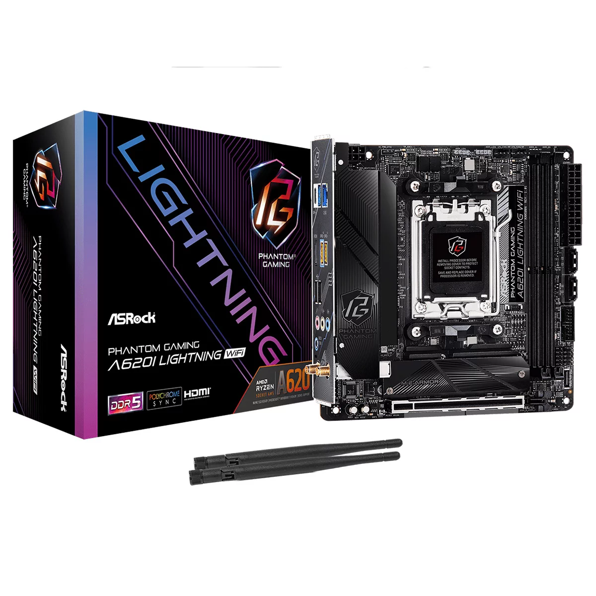 Материнская плата ASROCK A620I LIGHTNING WIFI, AM5, A620, 2*DDR5, 2*SATA, 2*M.2, 3*USB 3.2, 2*USB 2.0, Type-C, 1*PCIx16, 1*M.2 (Key E), HDMI, mITX
