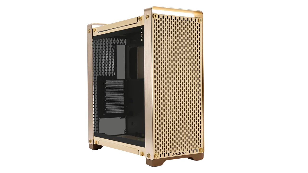 Корпус без блока питания/ Case InWin Dubili, Full-Tower, TG, 4x140mm, 2xUSB-A 3.2 + 1xUSB-C 3.2, E-ATX, ATX, mATX, mITX Champagne Gold (IW-CS-DUBILIASB-GLD)