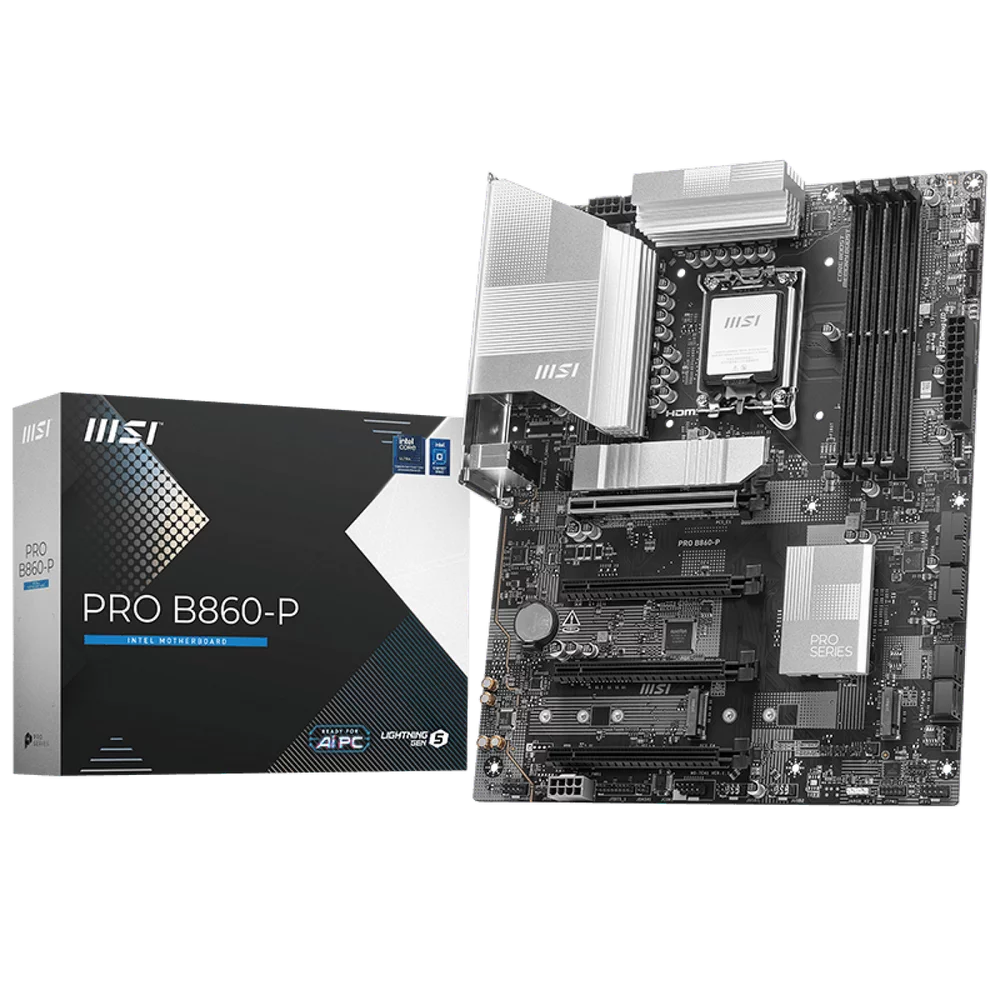 Материнская плата MSI PRO B860-P B860, LGA1851, 4*DDR5, 4*PCIEx16, 3*M.2, 1*TypeC, 2*USB3.2Gen2, 6*USB3.2Gen1, 8*USB2.0, 4*SATA3.0, 5G, Type-C(DP), DP, HDMI, ATX, RTL