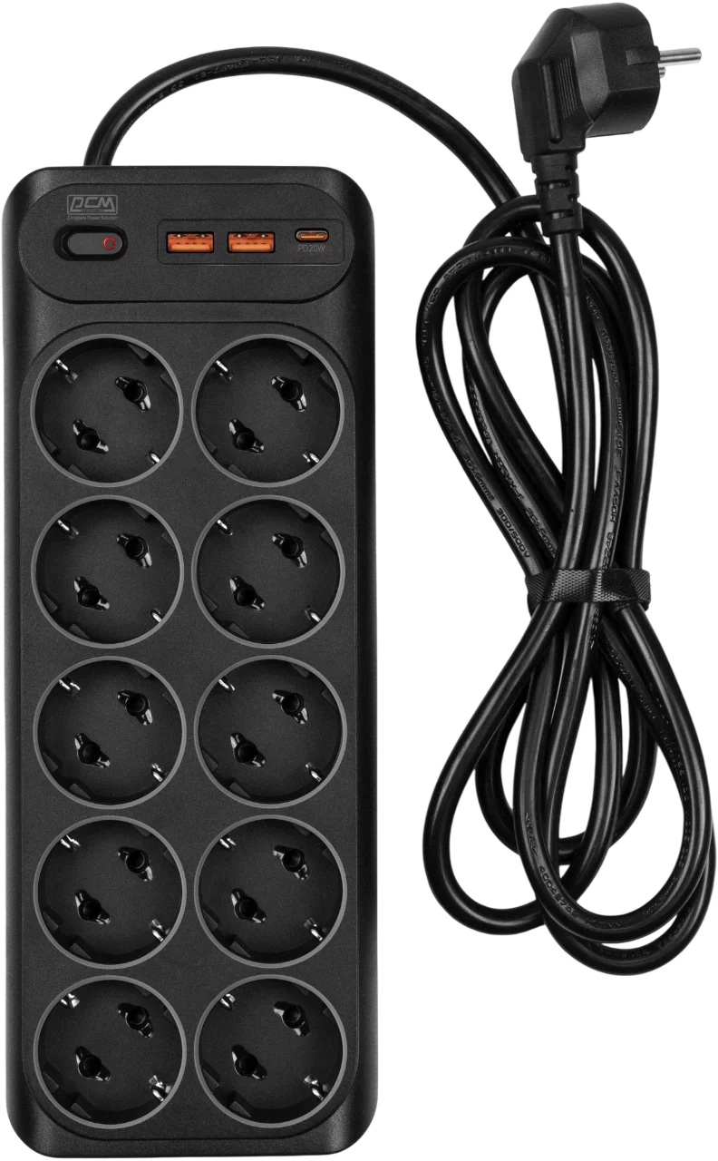 Сетевой фильтр-удлинитель/ PowerCom SP-10 USB2A1CB 1.8M, 10 розеток, черный, 16А, 4кВт, 204Дж, защитные шторки, защита от КЗ, перегрузки и импульсных помех, один порт USB-C(PD20W) и два USB-A(QC3.0) с