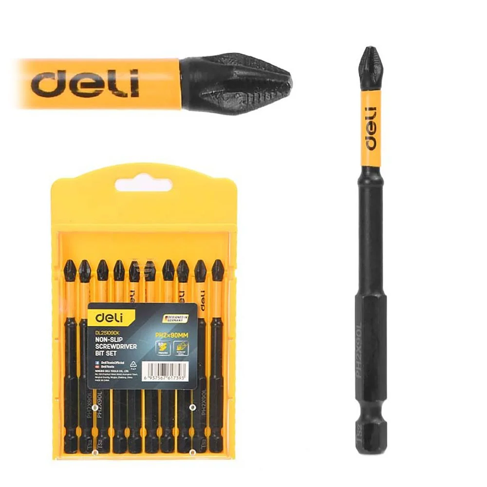 Набор торсионных бит с противоскользящими насечками для ударных шуруповертов 10шт Deli DL251090K PH2*90мм, сталь S2, пласт.кейс