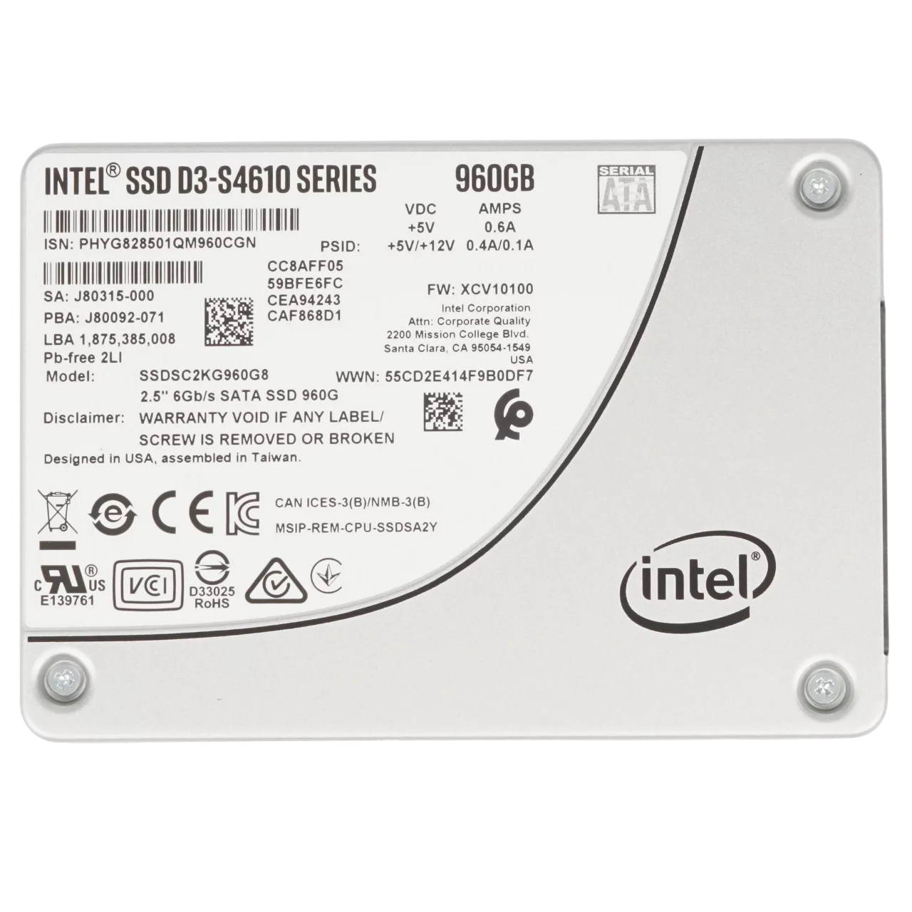 Твердотельный накопитель Intel SSD S4610 Series SATA 2,5" 960Gb, R560/ W510Mb/ s, IOPS 96K/ 51K, MTBF 2M (Retail), 1 year (SSDSC2KG960G801963347)