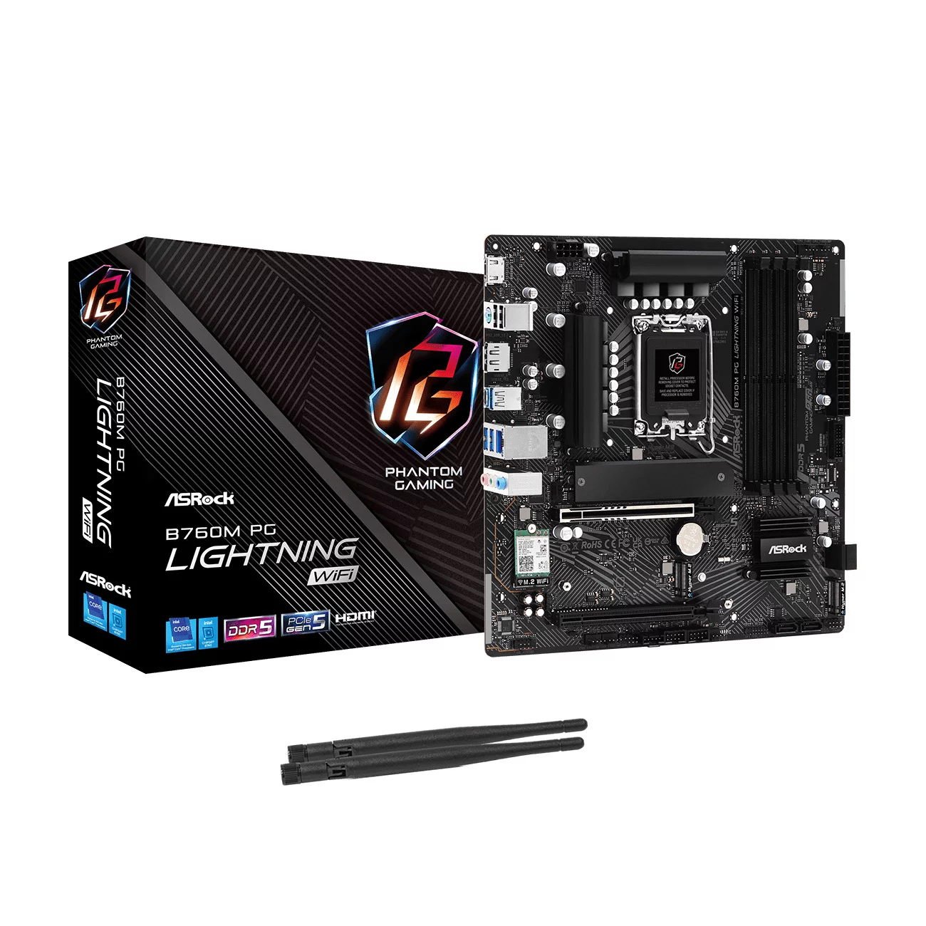 Материнская плата ASROCK B760M PG LIGHTNING WIFI, LGA1700, B760, 4*DDR5, 4*SATA, 3*M.2, 3*USB 3.2, 2*USB 2.0, Type-C, 2*PCIx16, 1*M.2 (Key E) HDMI+DP, mATX