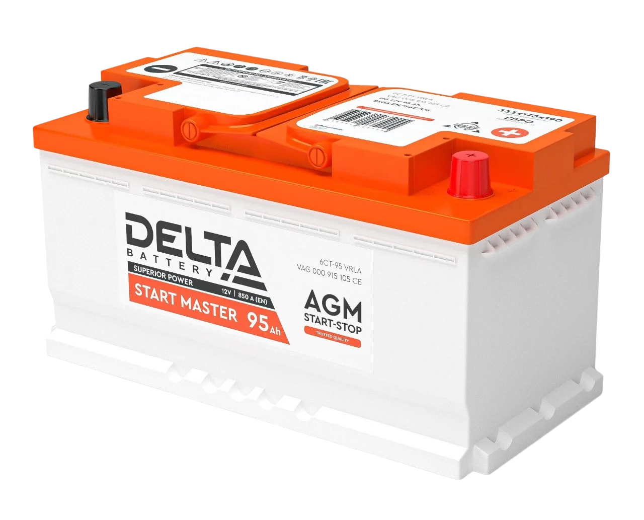 Аккумуляторная батарея для автомобилей/ DELTA серия START MASTER, DELTA START MASTER 95 Ah AGM, напряжение 12В, емкость 95 Ач (разряд 20 часов; 10.5В), пусковой ток: 850А, полярность обратная ( - +),