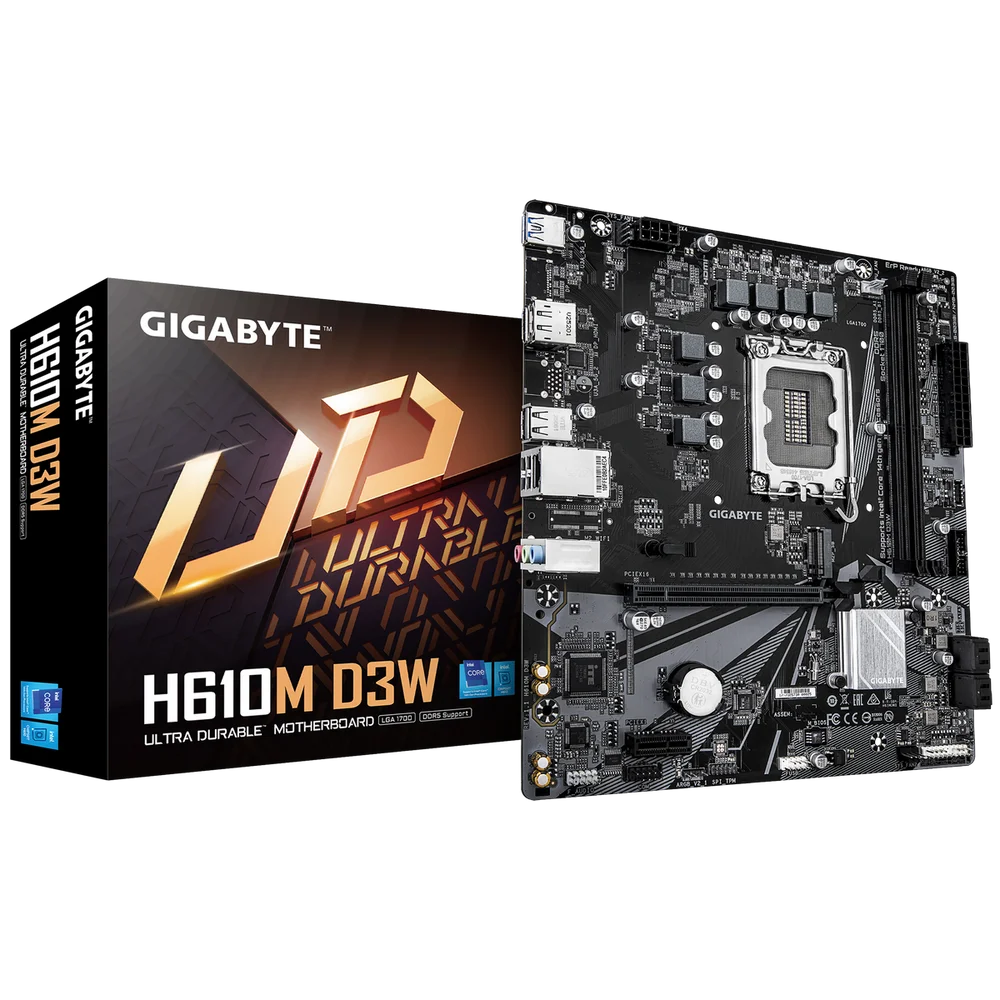 Материнская плата Gigabyte H610M D3W H610, LGA1700, 2*DDR5, 1*PCIEx16, 1*PCIEx1, 1*M.2, 1*TypeC, 3*USB3.2Gen1, 7*USB2.0, 4*SATA3.0, 1G, DP, HDMI, M-ATX, RTL