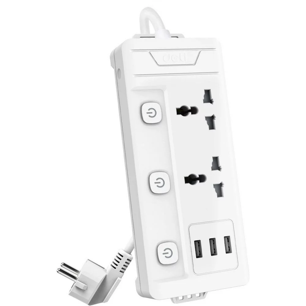 Сетевой фильтр универсальный Deli ET409 / 2розетки + 3USB , 2 м