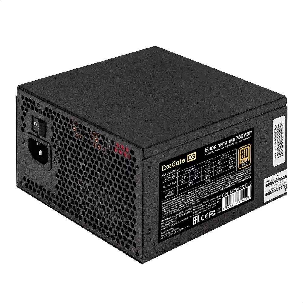 Exegate EX297232RUS Блок питания 750W 80 PLUS® GOLD 750VSP FC (ATX3.0, APFC, КПД 90% (80 PLUS GOLD), 120mm fan, 24pin, 2x(4+4)pin, PCIE5.0/ 12VHPWR, 4xPCI-E, 6xSATA, 3xIDE, 1xFDD, Full Cable Management