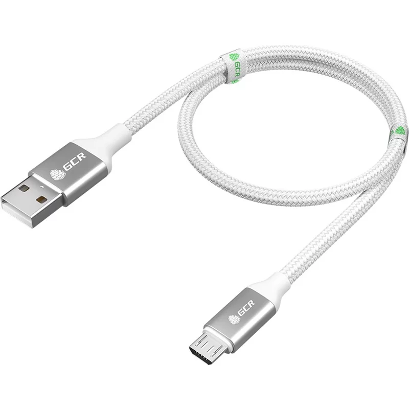 GCR QC Кабель 1.0m MicroUSB, быстрая зарядка, белый нейлон, AL корпус серебро, белый ПВХ, 28/24 AWG, GCR-52468