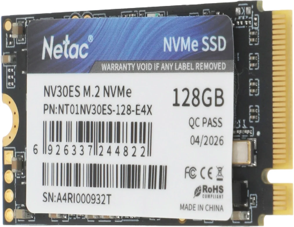 SSD накопитель Netac SSD NV30ES 128GB PCIe 3 x4 M.2 2242 NVMe 3D NAND, R/ W up to 3300/ 2800MB/ s, 3y wty, (replaced NT01N930ES-128G-E2X) (NT01NV30ES-128-E4X)