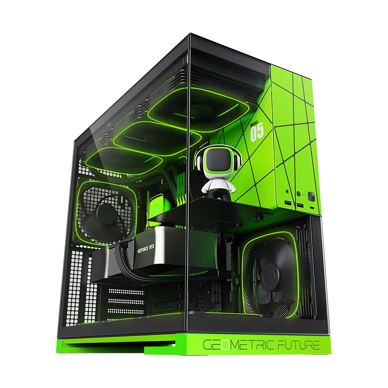 Корпус ПК без блока питания/ Case Geometric Future Model 5 NV Style, Midi-Tower, TG, no fans, 2xUSB-A 3.0, 1xUSB 3.2 Type-C, E-ATX, ATX, mATX, mITX Black/Green (1AM5WKNV00100)