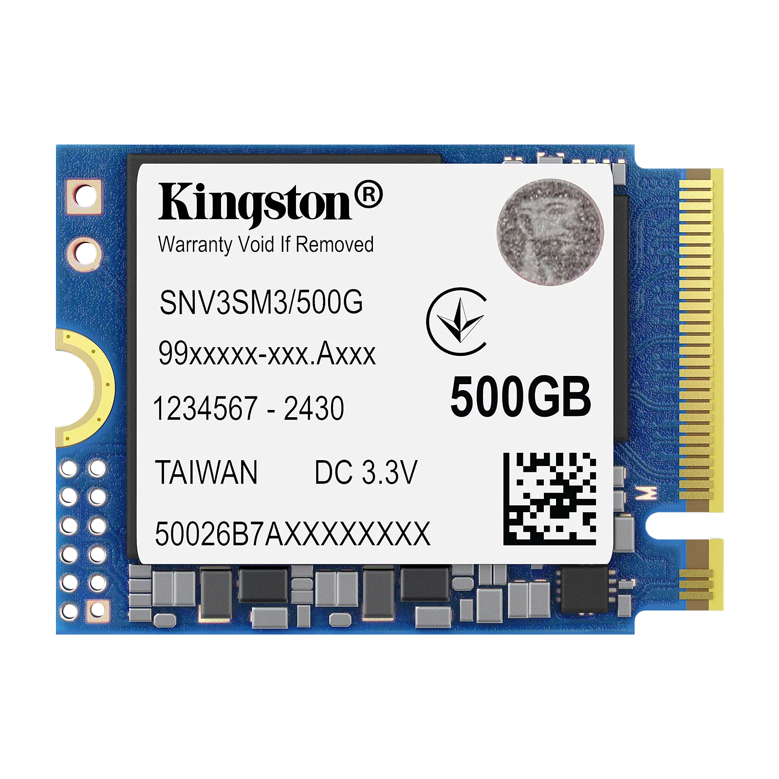 Твердотельный накопитель/ Kingston SSD NV3, 500GB, M.2(22x30mm), NVMe, PCIe 4.0 x4, 3D TLC, R/W 5000/3000MB/s, TBW 160, DWPD 0.2 (60 мес) (SNV3SM3/500G)