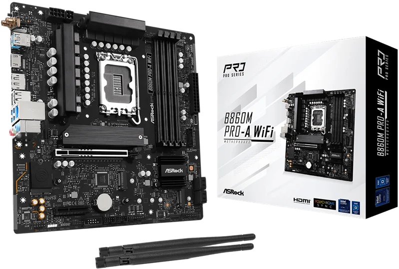 Материнская плата ASROCK B860M PRO-A WIFI, LGA1851, B860, 4*DDR5, 4*SATA, 4*M.2, 6*USB 3.2, 2*USB 2.0, Type-C, 2*PCIx16, 1*M.2 (Key E), HDMI+DP, mATX