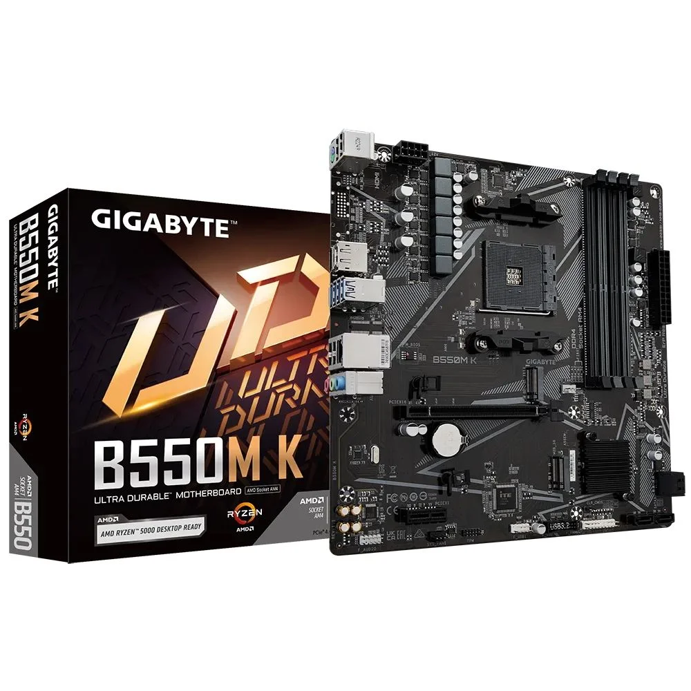 Материнская плата Gigabyte Bad Pack B550M K, Socket AM4, AMD B550, 4xDDR4-3200, HDMI+DP, 1xPCI-Ex16, 1xPCI-Ex1, 4xSATA3(RAID 0/ 1/ 10), 2xM.2, 8 Ch Audio, GLan, (4+2)xUSB2.0, (4+2)xUSB3.2, 1xPS/ 2, mATX, RTL {10} bp (B550M K||BP)