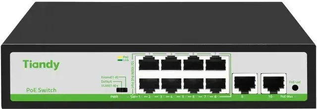 Коммутатор Tiandy TC-P3S010 H/0820/AT/90/V2.0 (L2) 8x100Мбит/с 2x1Гбит/с 8PoE 90W неуправляемый