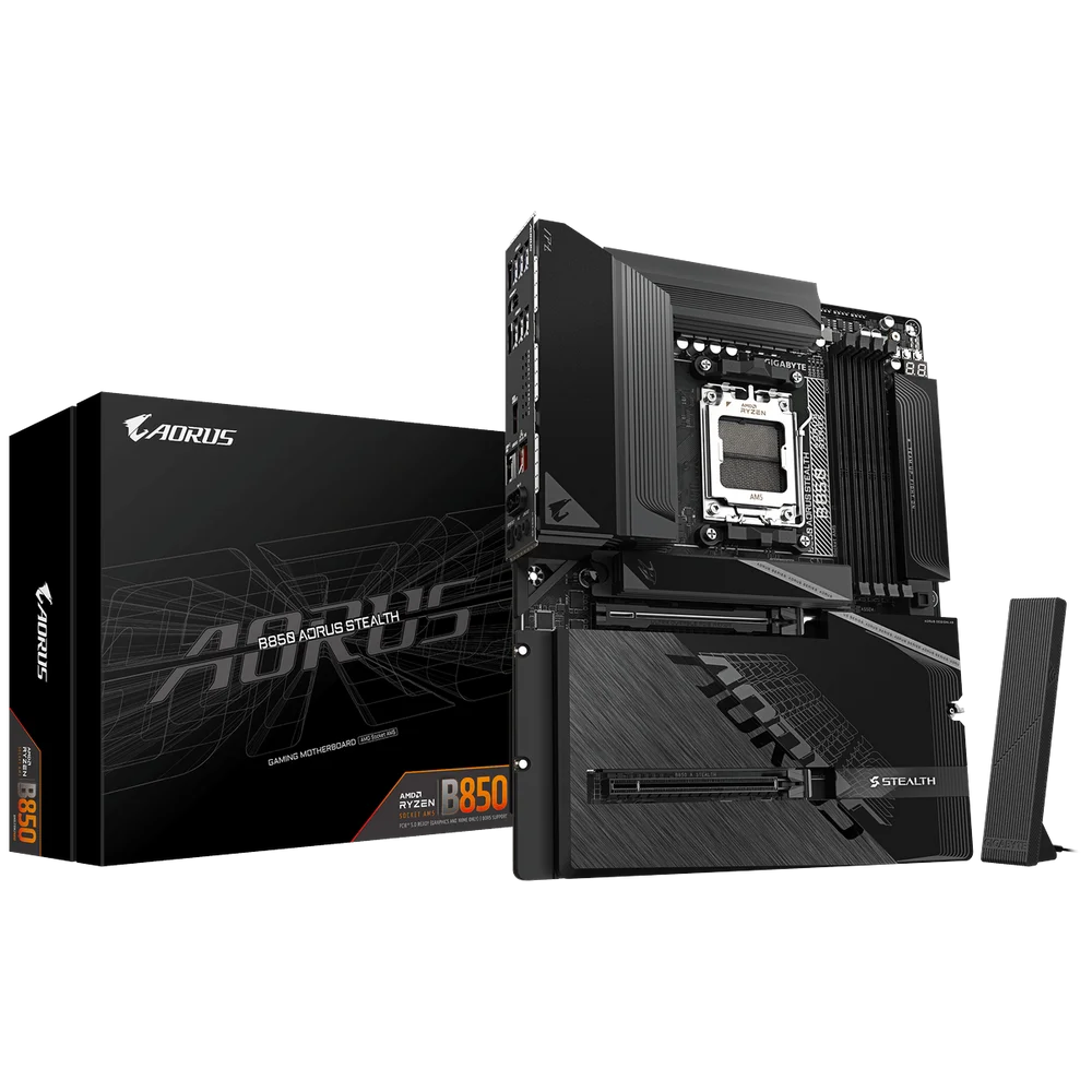 Материнская плата AORUS B850 AORUS STEALTH B850, AM5, 4*DDR5, 2*PCIEx16, 4*M.2, 2*TypeC, 2*USB3.2Gen2, 6*USB3.2Gen1, 8*USB2.0, 2*SATA3.0, 5G, HDMI, ATX, RTL