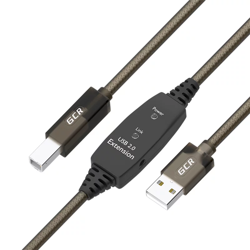 GCR Кабель активный 7.5m USB 2.0, AM/BM, черно-прозрачный, с усилителем сигнала, разъём для доп.питания, 28/24 AWG (GCR-53782)