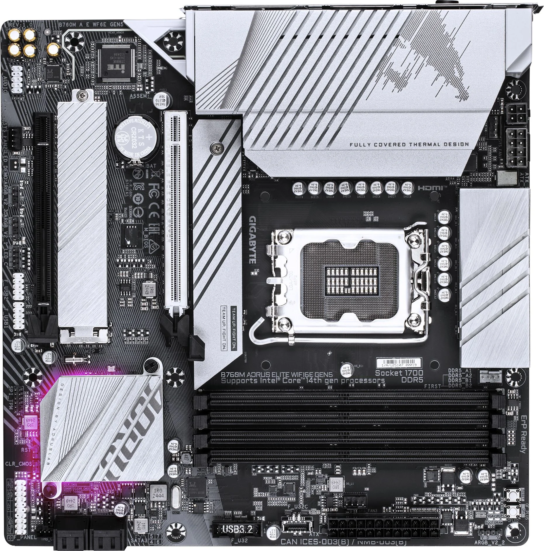 Материнская плата Gigabyte B760M AORUS ELITE WIFI6E GEN5 Soc-1700 Intel B760 4xDDR5 mATX AC`97 8ch(7.1) 2.5Gg RAID+HDMI+DP (B760M A E WF6E GEN5)