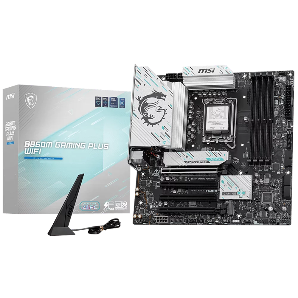 Материнская плата MSI B860M GAMING PLUS WIFI B860, LGA1851, 4*DDR5, 4*PCIEx16, 3*M.2, 1*TypeC, 1*USB3.2Gen2, 5*USB3.2Gen1, 6*USB2.0, 4*SATA3.0, 5G, Type-C(DP), DP, HDMI, M-ATX, RTL