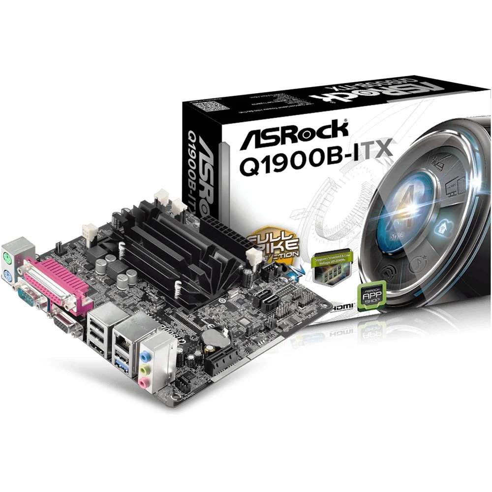 Материнская плата с ЦПУ ASRock Q1900B-ITX, Intel® Quad-Core Processor J1900 (2 GHz), Mini-ITX, 2xDDR3/DDR3L-1333 SO-DIMM, Max 16GB, 1xPCI-Ex1, 1xSATA2, Giga Lan, 6CH, VGA/HDMI, 3xUSB2.0, 1xUSB3.0 RTL {20}