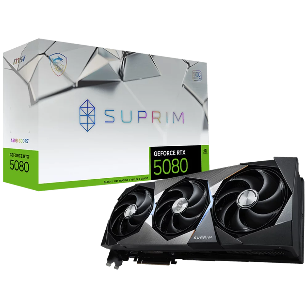 Видеокарта MSI Bad Pack RTX5080 SUPRIM SOC 16GB GDDR7 256bit 3xDP HDMI 3FAN RTL (RTX 5080 16G SUPRIM SOC||BP)