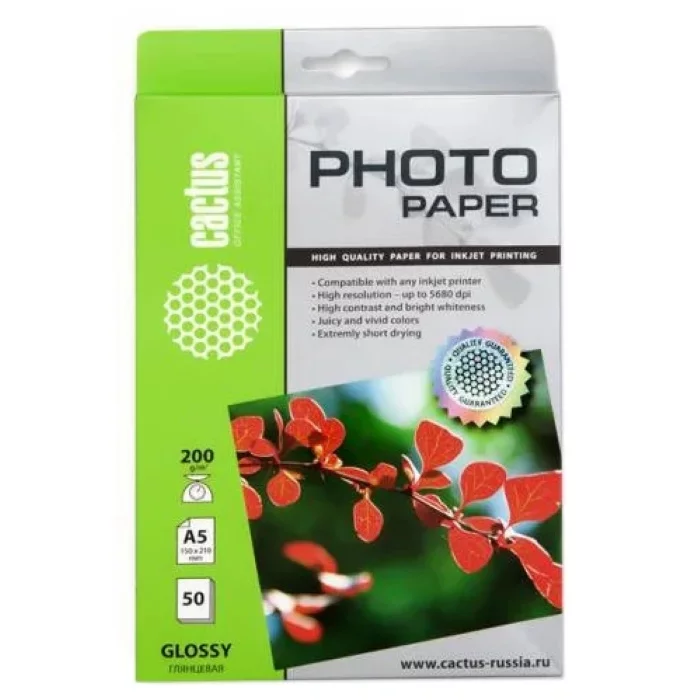 Фотобумага Cactus CS-GA520050 A5/200г/м2/50л./белый глянцевое для струйной печати