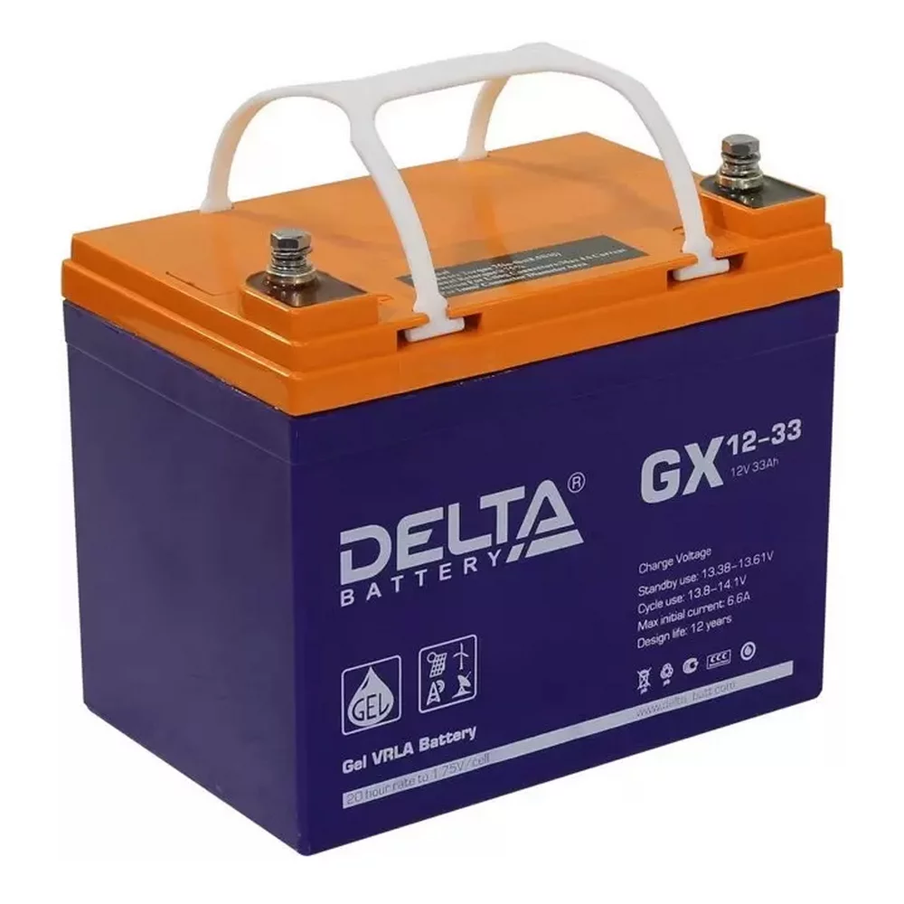 Батарея DELTA серия GX, GX 12-33, напряжение 12В, емкость 33Ач (разряд 20 часов), макс. ток разряда (5 сек.) 330А, макс. ток заряда 6.5А, свинцово-кислотная типа GEL, клеммы под болт М6, ДxШxВ 195х130х155мм., вес 11кг., срок службы 15 лет./ Battery DELTA