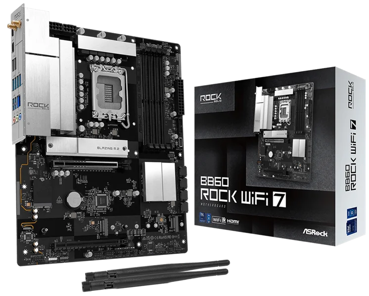 Материнская плата ASROCK B860 Rock WiFi 7, LGA1851, B860, 4*DDR5, 4*SATA, 4*M.2, 4*USB 3.2, 3*USB 2.0, Type-C, 2*PCIx16, 1*M.2 (Key E), HDMI, ATX