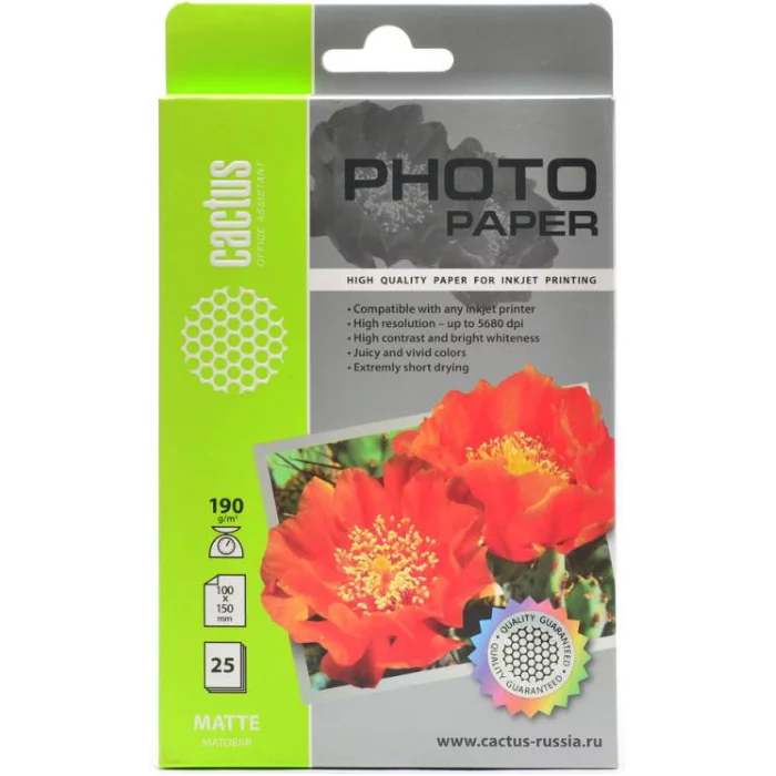 Фотобумага Cactus CS-MA619025 10x15/190г/м2/25л./белый матовое для струйной печати