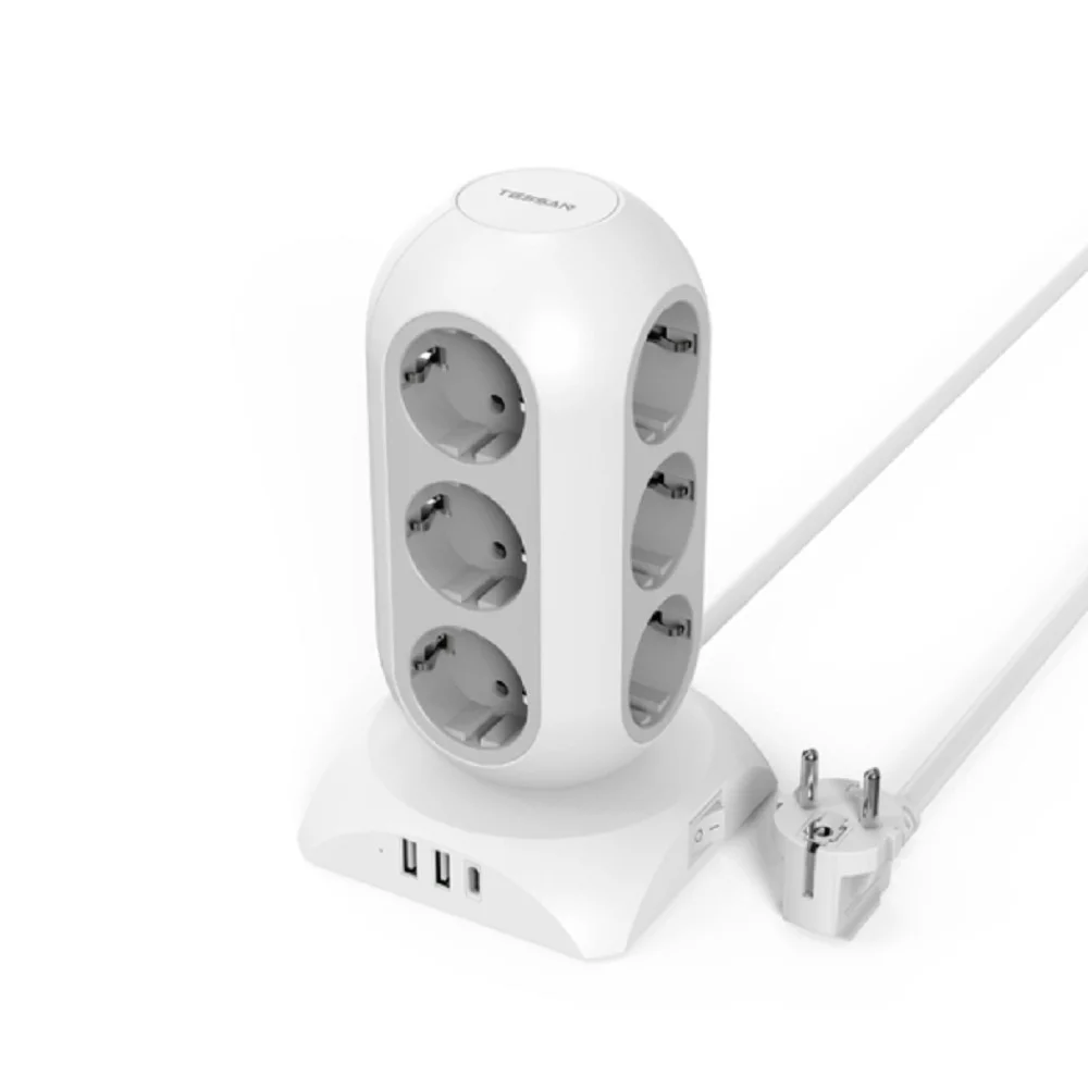TESSAN TPS02-DE-C Сетевой фильтр с 12 розетками 220В, 2 USB-A портами, 1 USB-C портом и переключателем {80004242}