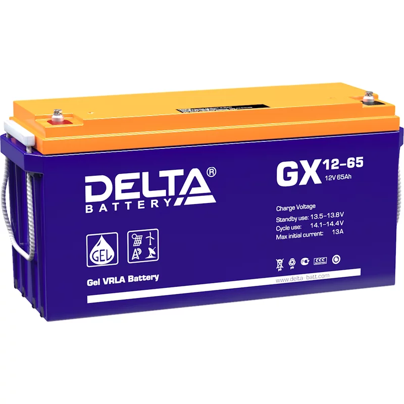 Батарея DELTA серия GX, GX 12-65, напряжение 12В, емкость 65Ач (разряд 20 часов), макс. ток разряда (5 сек.) 650А, макс. ток заряда 12.86А, свинцово-кислотная типа GEL, клеммы под болт М6, ДxШxВ 350х167х179мм., вес 23.4кг., срок службы 15 лет./ Battery D