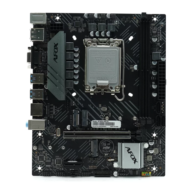 Материнская плата/ MB AFOX INTEL B760 s1700, 2xDDR5(64GB), 1xPCIe 4.0x16, 1xPCIe x1, 1xMPCIe, 1xHDMI, 1xD-Sub, 1xLAN(1GbE), 3xSATA, 1xM.2, 4xUSB 3.0, 2xUSB 2.0, 2xPS/2, mATX (B760D4-MA5-V2)
