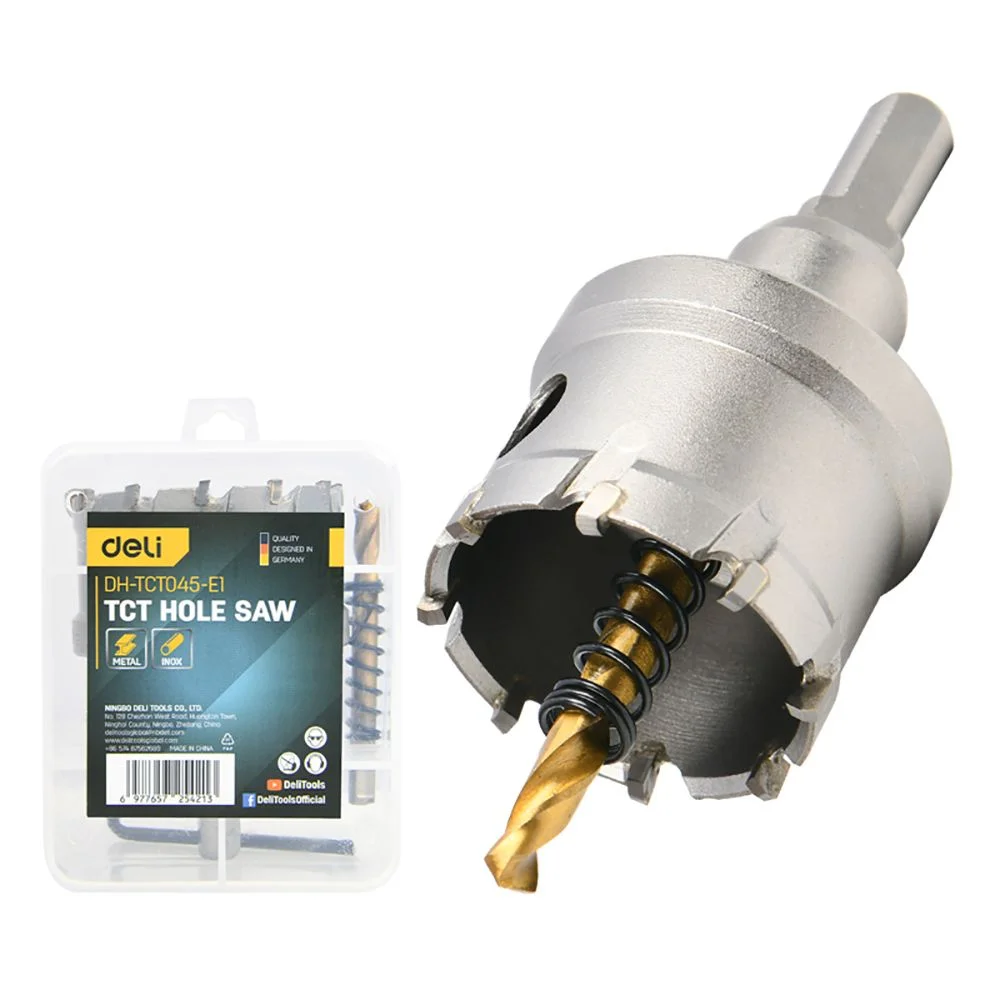Коронка по металлу твердосплавная с центрирующим сверлом Deli DH-TCT045-E1 диаметр 45мм, шестигранный хвостовик
