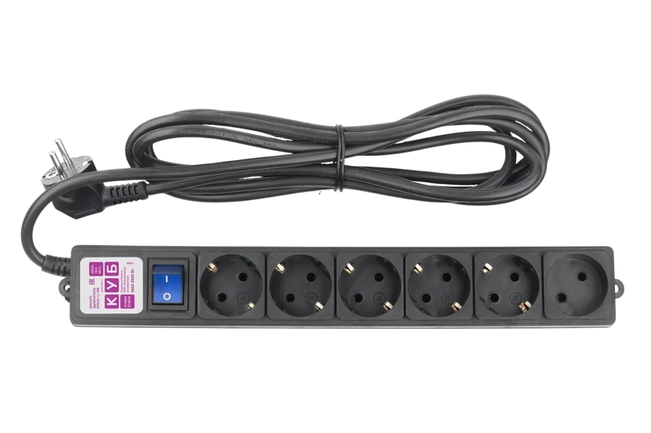 Фильтр-удлинитель Power Cube 3,0 м 6 розеток (5 евро + 1 б/ заземления), кабель 3*1.5мм (черный) 16А/ 3,5кВт/ Power Cube Extension Filter 3.0 m 6 sockets (5 euro + 1 w/ o grounding), cable 3*1.5 mm (bla (SPG6-B1)