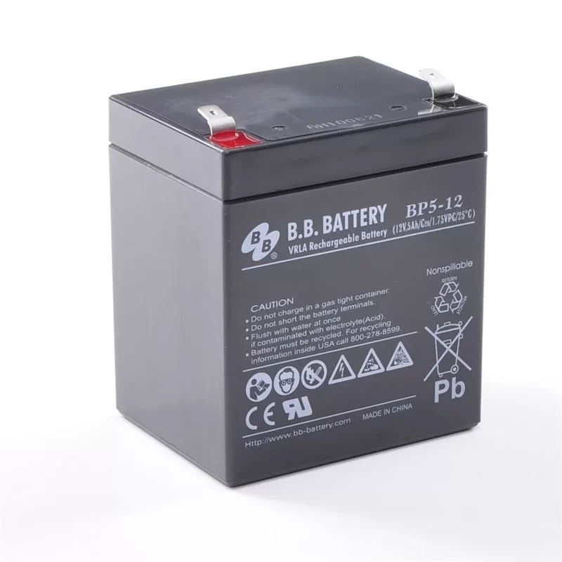 Батарея B.B. Battery серия BP, BP5-12, напряжение 12В, емкость 5Ач (разряд 20 часов), макс. ток разряда (5 сек.) 75А, макс. ток заряда 1.5A, свинцово-кислотная типа AGM, клеммы T2, ДxШxВ 90x70x106мм., вес 1.8кг., срок службы 10 лет/ B.B. Battery series BP