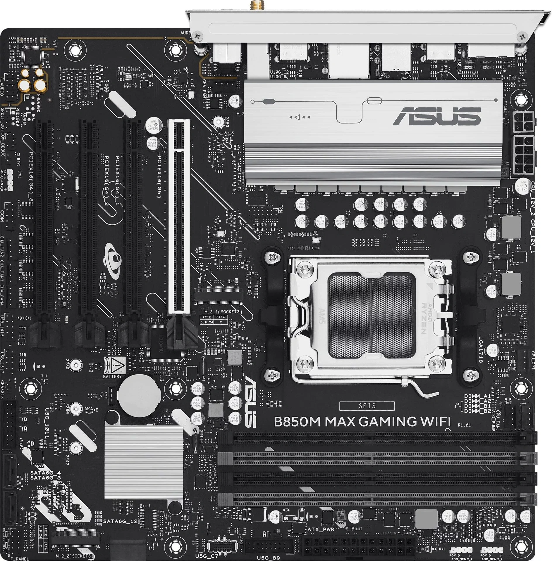 Материнская плата ASUS B850M MAX GAMING WIFI, AM5, B850, 4*DDR5, 4*SATA, 3*M.2, 5*USB 3.2, 2*USB 2.0, Type-C, 5*PCIx16, DP+HDMI, mATX; 90MB1LL0-M0EAY0