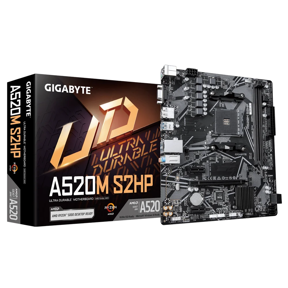 Материнская плата Gigabyte A520M S2HP A520, AM4, 2*DDR4, 1*PCIEx16, 2*PCIEx1, 1*M.2, 6*USB3.2Gen1, 8*USB2.0, 4*SATA3.0, 1G, VGA, DP, HDMI, M-ATX, RTL
