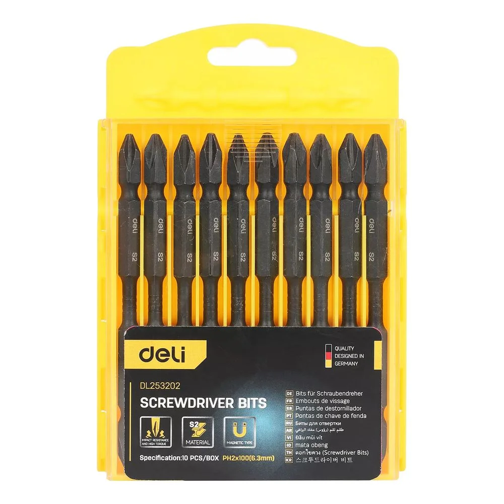Набор Deli двухсторонних торсионных бит для ударных шуруповертов 10 шт DL253202 PH2*100мм, сталь S2, пласт.кейс