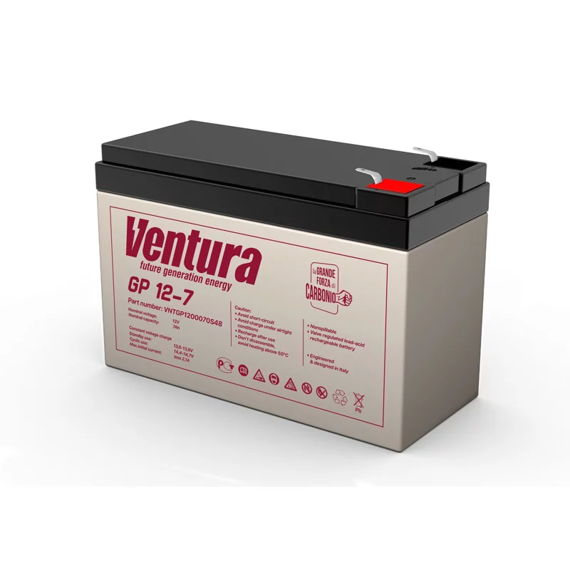 Батарея Ventura серия GP, GP12-7, напряжение 12B, емкость 7Ач (разряд 20 часов), макс. ток заряда 1.8А, свинцово-кислотная типа AGM, клеммы T2, ДШВ 151х65х100мм, вес 2.04кг/ Ventura battery GP series, GP12-7, voltage 12V, capacity 7Ah (discharge 20 h
