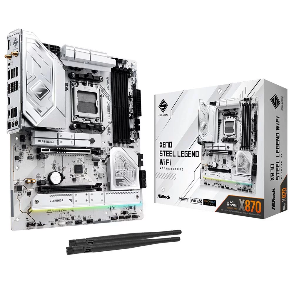 Материнская плата ASROCK X870 STEEL LEGEND WIFI, AM5, X870, 4*DDR5, 4*SATA, 3*M.2, 4*USB 2.0, 5*USB 3.2, 2*Type-C, 2*PCIx16, 1*M.2 (Key E), HDMI, ATX