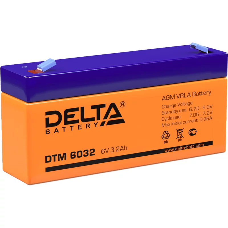 Батарея DELTA серия DTM, DTM 6032, напряжение 6В, емкость 3.2Ач (разряд 20 часов), макс. ток разряда (5 сек.) 48А, макс. ток заряда 0.93А, свинцово-кислотная типа AGM, клеммы F1, ДxШxВ 134х34х61мм., вес 0.65кг., срок службы 6 лет./ Battery DELTA series D
