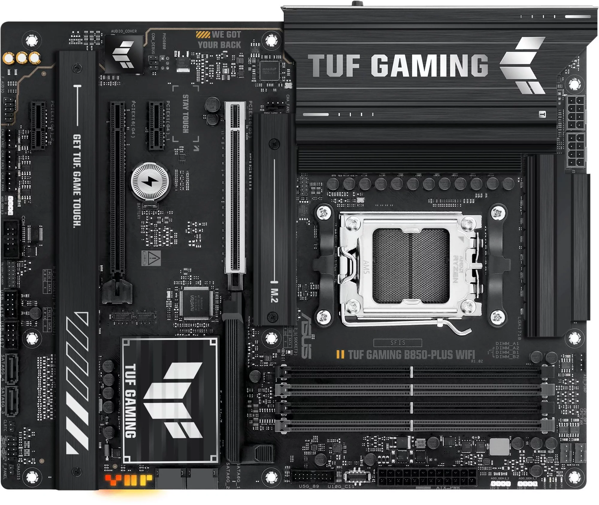 Материнская плата ASUS TUF GAMING B850-PLUS WIFI, AM5, B850, 4*DDR5, 4*SATA, 3*M.2, 7*USB 3.2, 2*USB 2.0, Type-C, 3*PCIx16, 2*PCIx1, DP+HDMI, ATX; 90MB1J30-M0EAY0