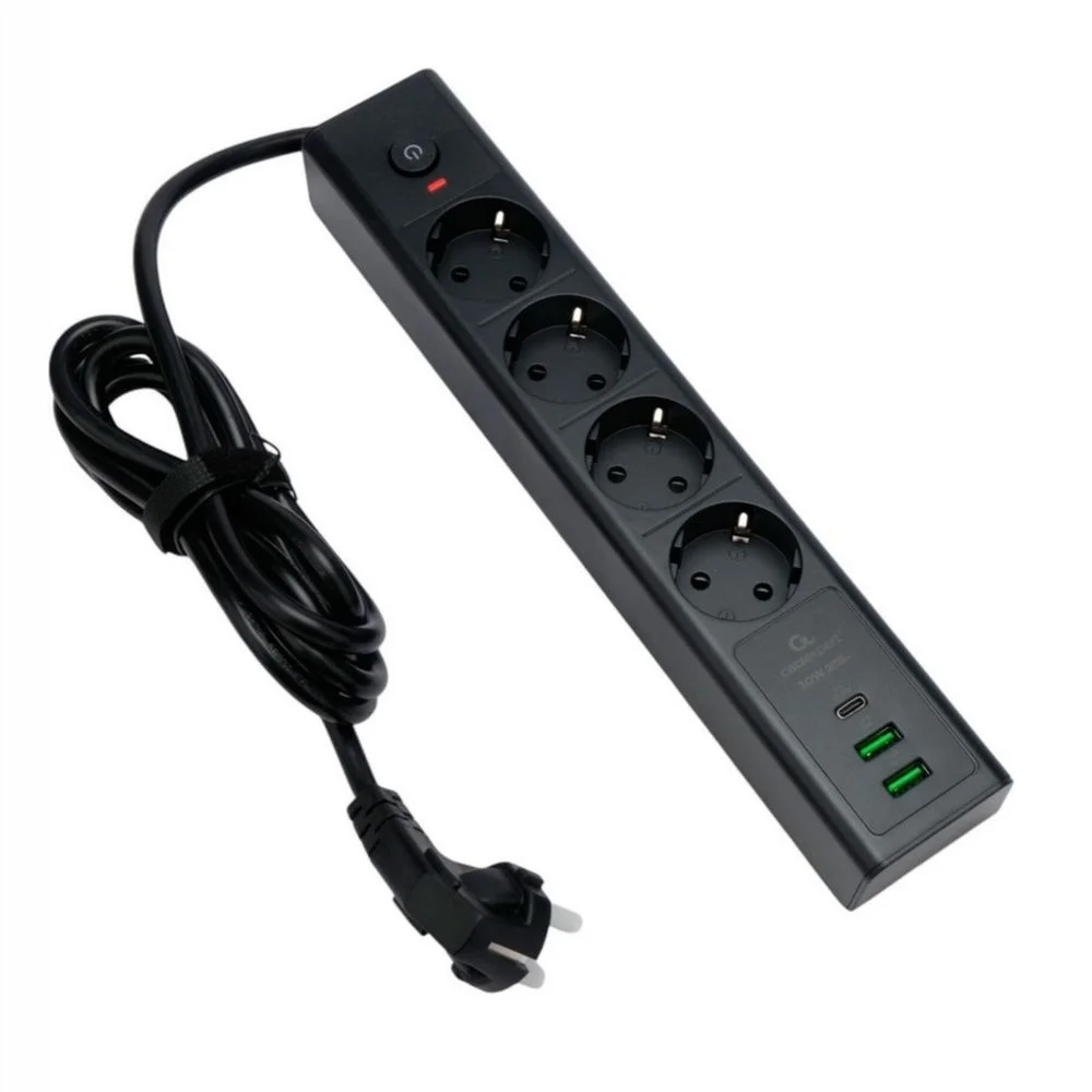 Cablexpert Сетевой фильтр Exnovo EXN-4-CU2-B-2 (4р, 16А, 1xType-C PD, 30Вт, 2 х USB, 2м, ур.защиты 4+) черный, коробка {22561}