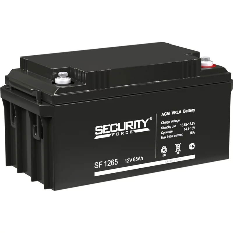 Батарея SECURITY FORCE серия SF, SF 1265, напряжение 12В, емкость 3.3Ач (разряд 20 часов), макс. ток разряда (5 сек.) 50А, макс. ток заряда 18А, свинцово-кислотная типа AGM, клеммы под болт M6, ДxШxВ 350х166х177мм., вес кг., срок службы 8 лет./ Battery S