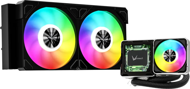 Система водяного охлаждения Formula V Line Cryo Wing Digi 240 BK, 240mm, LCD 2.73", 2x120mm, ARGB fans, LGA115X/1200/1700/1851/1366/2011/2066, AM3/AM4/AM5/Ryzen3/Ryzen5/Ryzen7/Threadripper/RT4