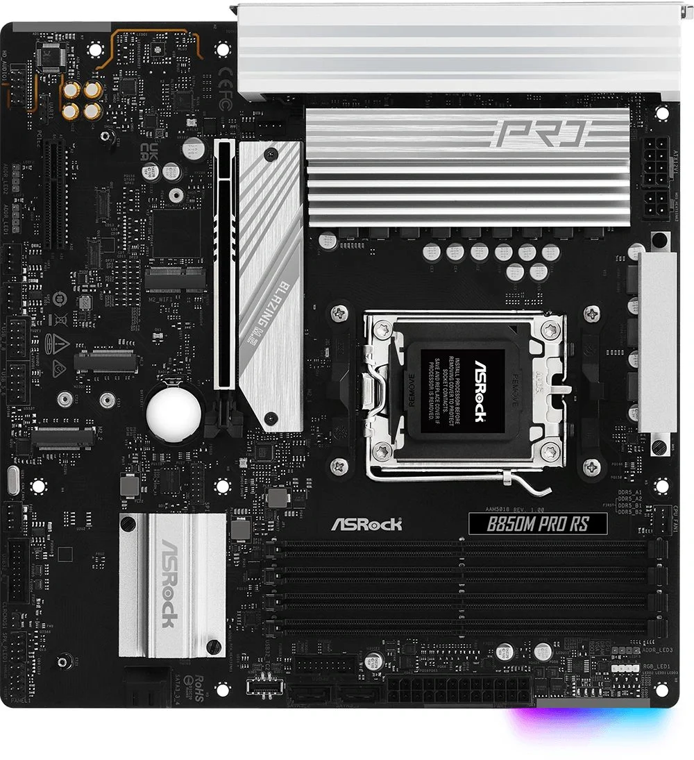 Материнская плата ASROCK B850M PRO RS, AM5, B850, 4*DDR5, 4*SATA, 3*M.2, 4*USB 2.0, 3*USB 3.2, Type-C, 2*PCIx16, 1*M.2 (Key E), HDMI+DP, mATX