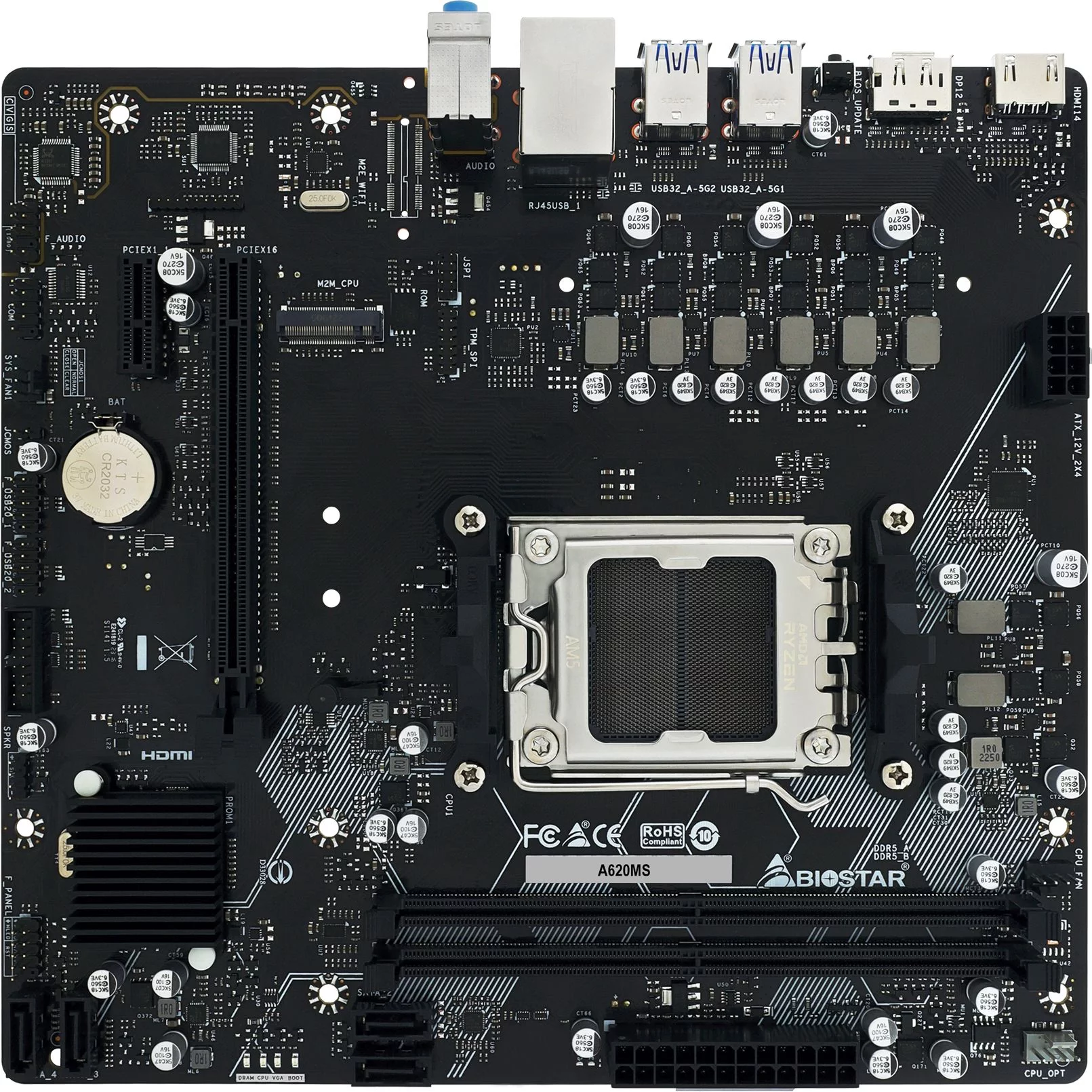 Материнская плата Biostar A620MS SocketAM5 AMD A620 2xDDR5 mATX AC`97 8ch(7.1) GbLAN RAID+HDMI+DP